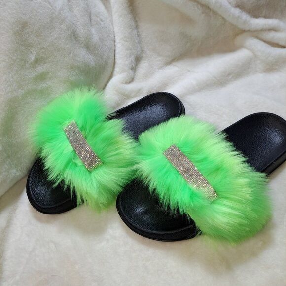 NWOT Faux Fur Neon Slides - Picture 5 of 8